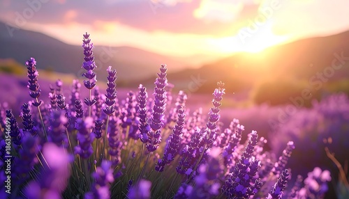 A vibrant field of purple flowers, illuminated by a warm, golden sunset, with mountain silhouettes in the distance