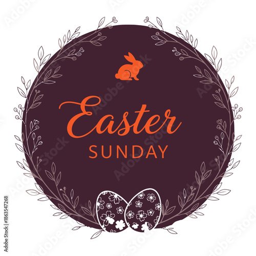 Easter sunday celebration logo with bunny and eggs in purple circle easter day