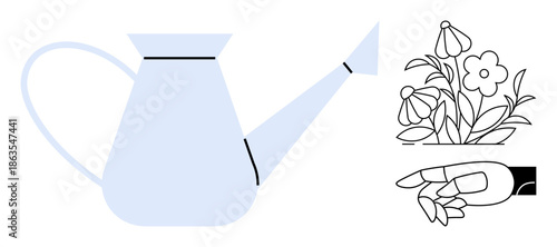 Gardening, growth, sustainability, home improvement, plant care, landscaping. A watering can, blooming flowers and a hand tending plants. Gardening and growth concepts