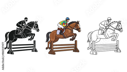 Equestrian sport horse jumping over obstacle illustration set in color, silhouette, and outline styles
