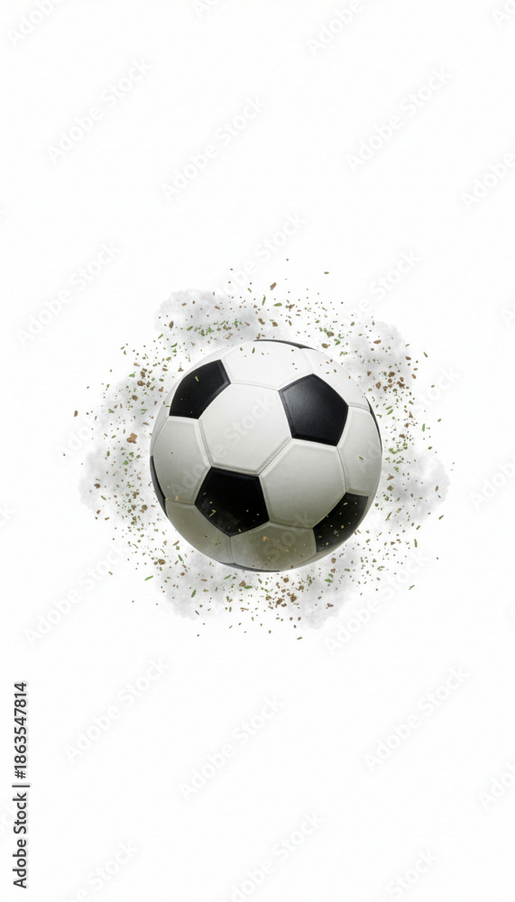 Naklejka premium Soccer ball mid-air after kick frozen motion isolated on white background