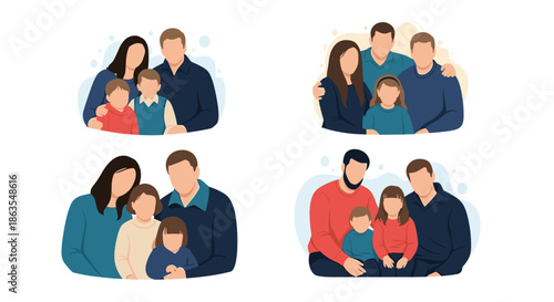Multiple family portraits set depicts happy parents and children in various configurations, emphasizing love, connection, and togetherness.