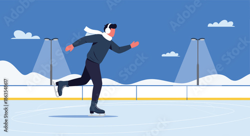 Active man enjoys ice skating on an outdoor rink at night under streetlights with a scenic snowy landscape and mountains in the background.