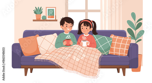Young boy and girl relax together on a purple sofa under a cozy plaid blanket while enjoying hot mugs of steaming cocoa or tea at home.