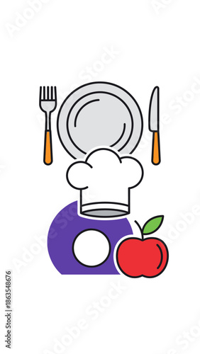 Illustration of a chef's hat, dinner plate, cutlery, and a red apple, symbolizing healthy food, nutrition, and restaurant cuisine.
