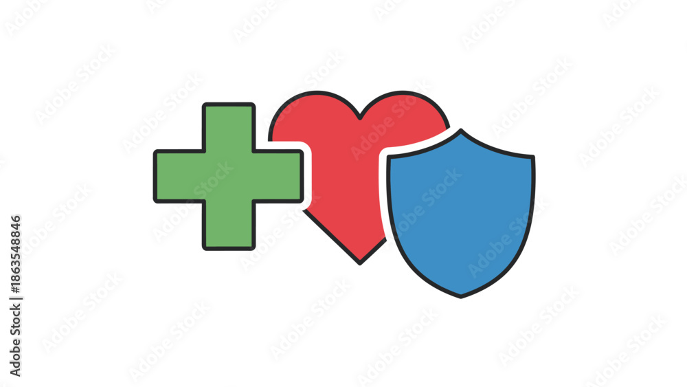 Obraz premium Health, Protection, and Safety Concept: Medical Cross, Heart, and Shield Icons for Well-being and Care.