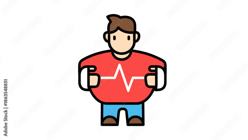 Obraz premium Stylized cartoon person with a heartbeat pulse line on a red shirt, representing health, wellness, and body care. Digital icon.