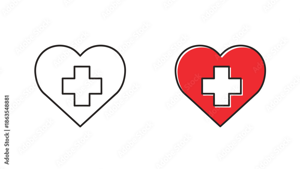 Fototapeta premium Medical Heart and Cross Icon Set Vector Illustration. Healthcare, First Aid, and Health Insurance Concept Graphic Elements.