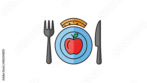 Healthy eating icon: red apple on plate with fork, knife, and measurement scale. Concept for diet, nutrition, portion control, weight management.