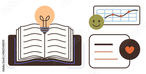 Education, innovation, data analysis, personal growth, research, inspiration. Open book with light bulb, chart with smile face and text block with heart. Education and innovation design