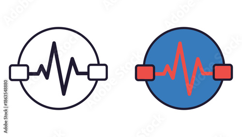 Vector icon set of a heartbeat pulse or sound wave frequency meter, presented in outline and colorful flat styles