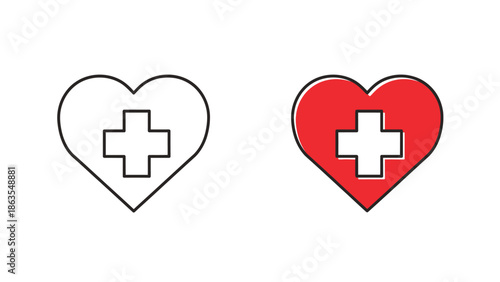Medical Heart and Cross Icon Set Vector Illustration. Healthcare, First Aid, and Health Insurance Concept Graphic Elements.