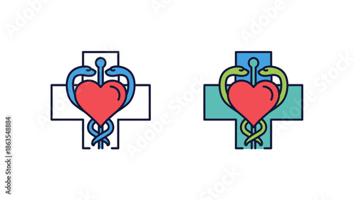 Medical health care symbol with red heart, blue Rod of Asclepius, and cross, representing cardiology and wellness