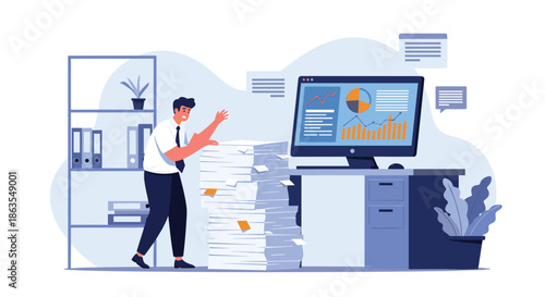 Overwhelmed office employee struggles with a massive pile of paperwork while analyzing complex financial data and charts on a computer screen.