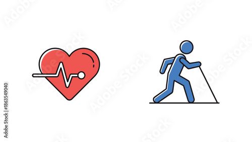 Medical heart with ECG wave and Nordic walking person vector icons. Health, fitness, active lifestyle, and cardiology symbols.