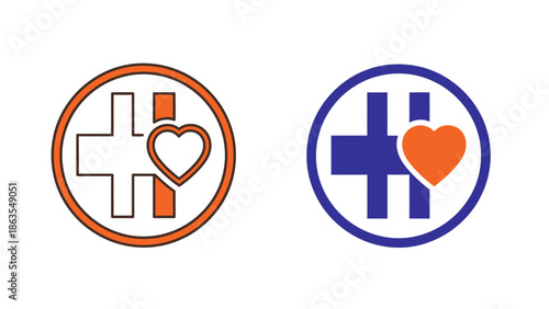 Healthcare and compassion icons featuring medical cross and heart symbols. Wellness, support, and medical assistance vector graphics.