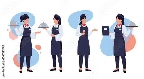 Collection of four professional female waitress characters in uniform shows them serving food, holding menus, and assisting customers in a cafe.