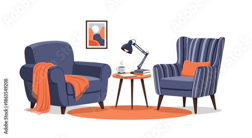 Comfortable living room interior design features two stylish armchairs, a wooden side table with a lamp, a cup of coffee, and books on a rug.