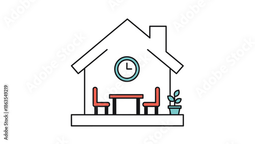 Minimalist house illustration with interior furniture, clock, and plant. Simple vector icon representing home, domestic life, or stay home.