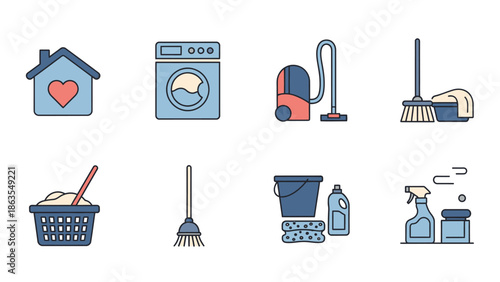 Collection of flat design icons for household chores, cleaning, and laundry. Home, washing machine, vacuum cleaner, broom, mop, and supplies.