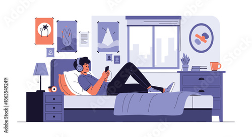 Young man wearing headphones lies on bed using a smartphone in a cozy bedroom decorated with various wall posters.