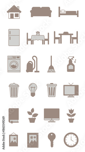 Vector set of diverse household items, furniture, and home appliance icons. Minimalist graphic elements for domestic life and interior design.