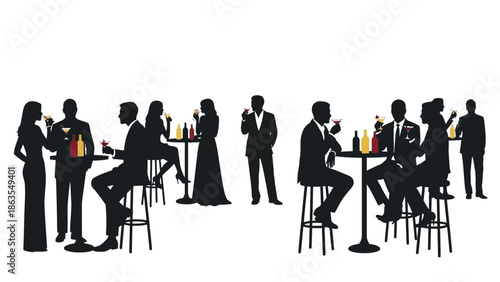 Silhouettes of people in formal attire mingling and enjoying drinks at a sophisticated event.