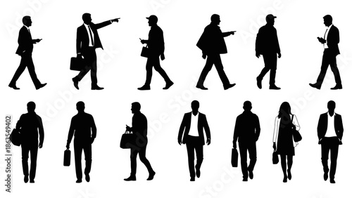 Collection of Silhouettes of Business People Walking and Pointing in Various Poses.