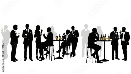 Silhouettes of people in formal attire at a cocktail party with drinks on tables.