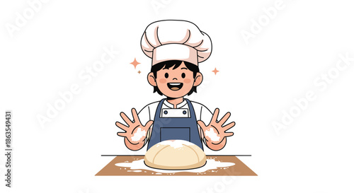 Cheerful young chef wearing a white hat and blue apron happily kneading dough on a wooden table covered with flour.