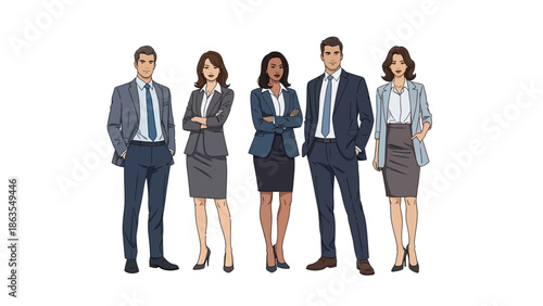 A diverse group of five professionals, three women and two men, dressed in business attire, stand confidently against a white background.