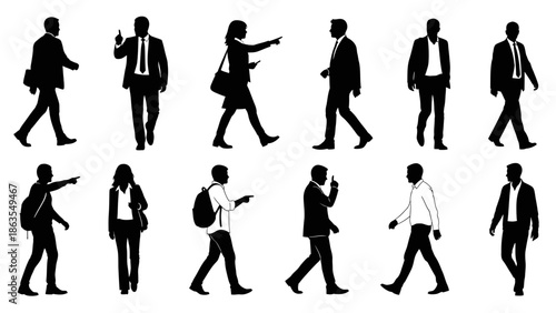 A collection of black silhouettes of people walking in various poses, some pointing or holding objects.