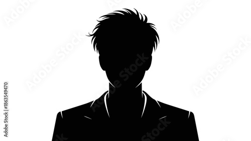 Silhouette of a person in a suit with spiky hair against a white background.
