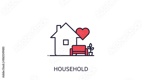 Modern flat line icon: House, heart, sofa & plant symbolizing household, family love, home comfort & domestic living.