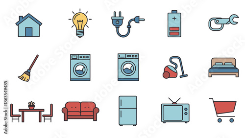 Household Appliances and Everyday Home Items Icon Set. Collection of domestic objects, electricity symbols, and furniture for modern living.