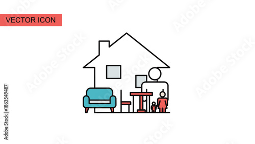 Modern Home and Family Life Vector Icon. Minimalist Outline Illustration of Parents and Child in a House with Furniture.