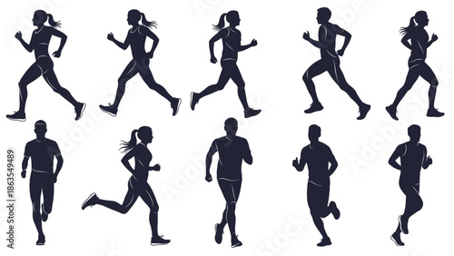 Collection of Silhouettes of Men and Women Running in Various Poses.
