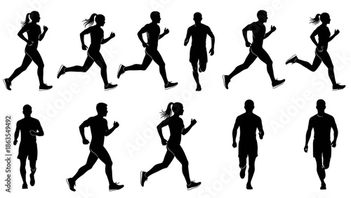 Collection of silhouette illustrations depicting men and women in various running poses, showcasing athletic movement and fitness.