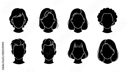 Collection of diverse black silhouette hairstyles for men and women, showcasing various cuts and textures.