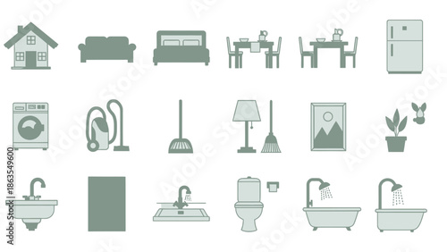 Flat design vector icons set of household furniture, home appliances, plumbing fixtures, and interior elements for domestic living