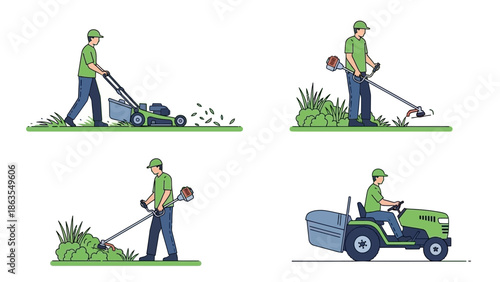 Illustrations of a person performing various lawn care tasks including mowing, trimming, and using a riding mower.