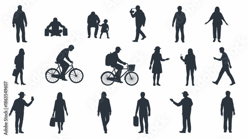 Collection of diverse human silhouettes engaged in various activities, including cycling, walking, and holding objects.