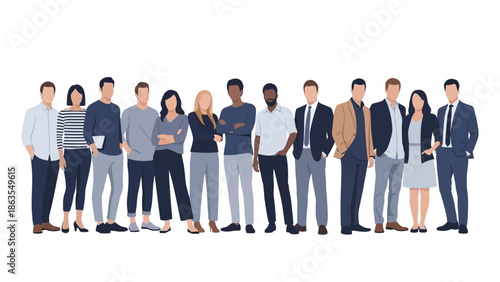 A diverse group of professional men and women standing together in a line, showcasing a modern business team.