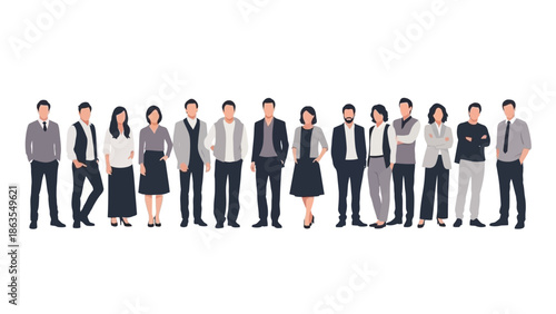 A diverse group of business professionals standing in a line, showcasing a variety of formal attire and individual styles.