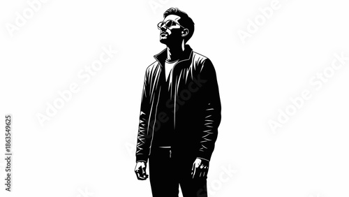 A striking black and white illustration of a man looking upwards, silhouetted against a stark white background.