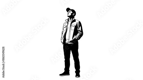 A man in a baseball cap and jacket stands with his hands in his pockets, looking upwards.