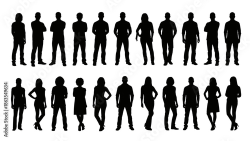 A collection of diverse silhouettes of men and women standing in various poses, presented against a white background.