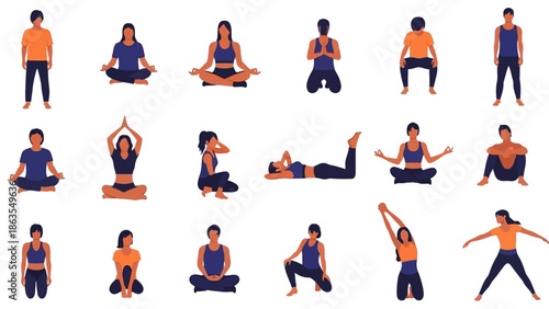 A collection of diverse individuals performing various yoga poses and stretches, showcasing flexibility and mindfulness.