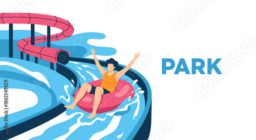 Excited man slides down a vibrant pink and blue water slide on an inflatable tube at a summer amusement park.