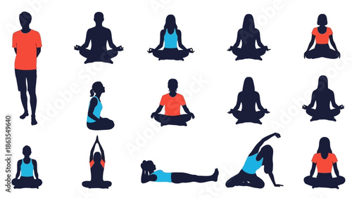 Collection of diverse human silhouettes performing various yoga poses and meditation postures.